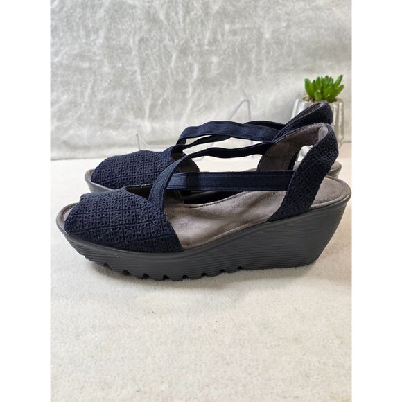 Skechers Memory Foam Navy Blue Wedge Sandals With Stretch Straps & Peep Toe Desi - Picture 7 of 12
